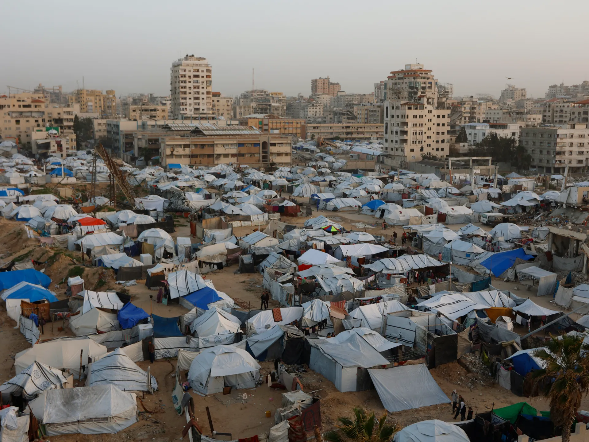 Aerial view of refugee camp tents in Gaza